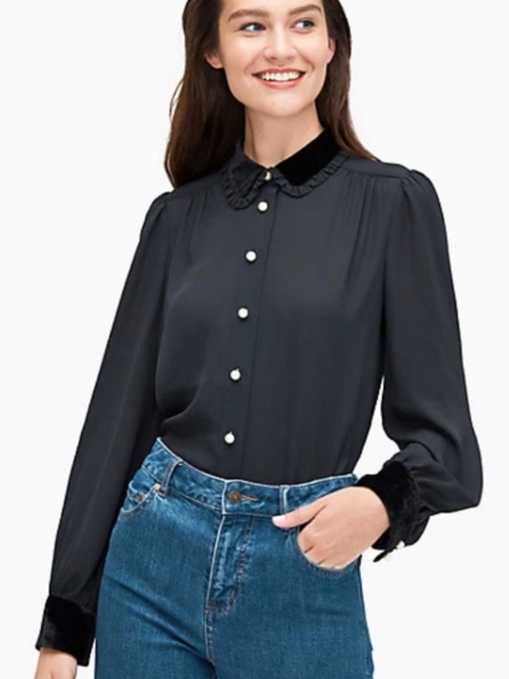 kate spade Black Velvet-Trim Pearl Button Blouse